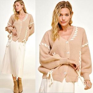 Davi & Dani Tan Lace-Up Ribbon Bow Button Down Cardigan Size Large NWT